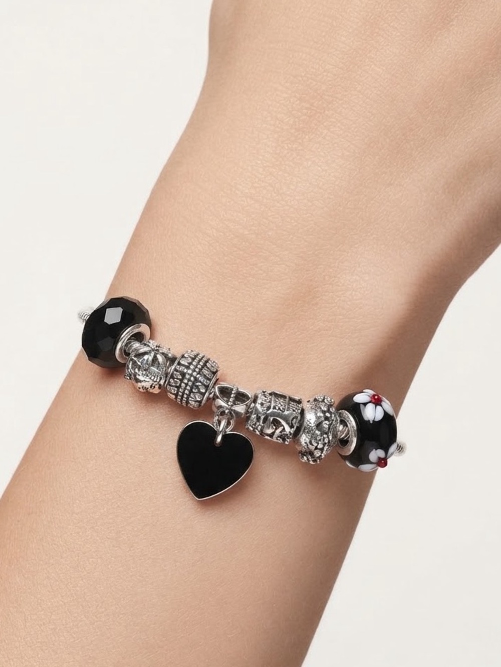 Black Heart Charm Bracelet with Silver Tone Accents - Women Jewelry
